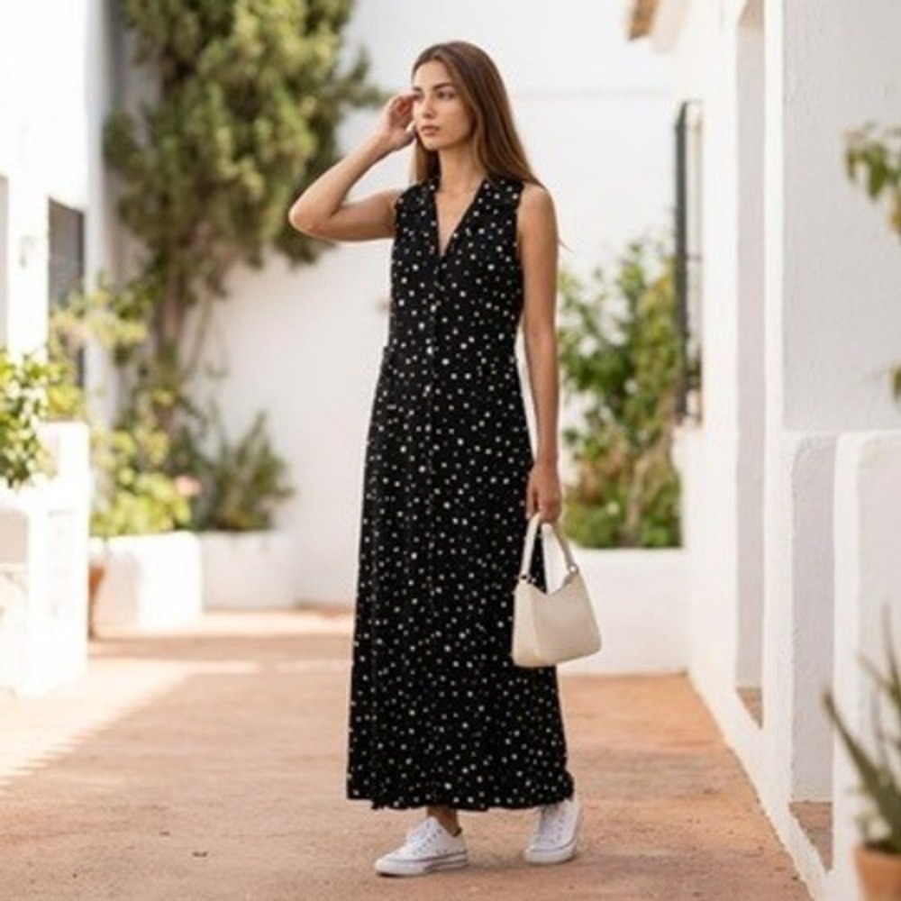 Virgo Petite Maxi Dress Women 10P Black Polka Dot Button Front Cutout Back Rayon